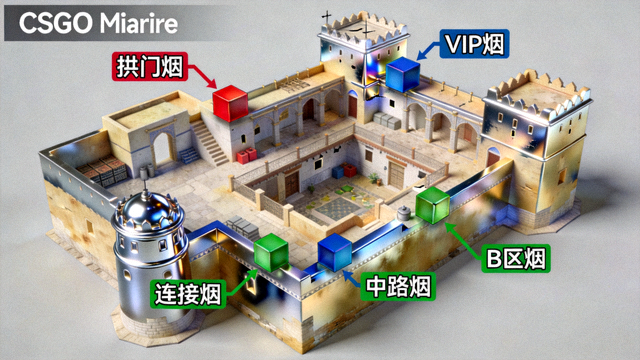 CSGO游戏Mirage地图烟雾弹投掷物点位3D标注示意图