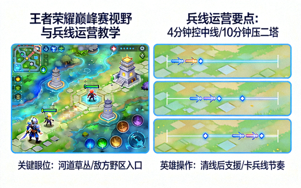 王者荣耀巅峰赛对局视野与兵线运营教学画面
